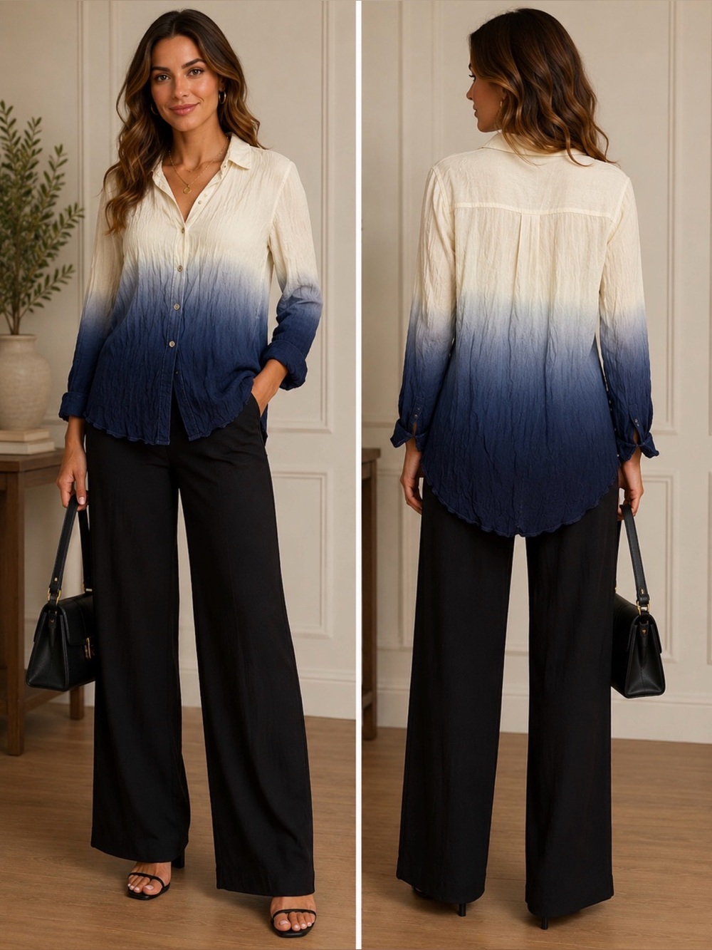 Rock & Republic Cream to Navy Ombre Button-Front Tunic